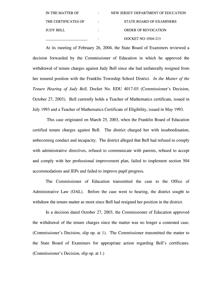 IN THE MATTER OF THE CERTIFICATES OF JUDY BELL : : : : NEW JERSEY DEPARTMENT OF EDUCATION STATE BOAR Preview on Page 1
