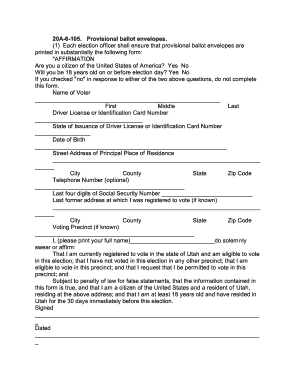 Utah Provisional Ballot Envelope Affidavit