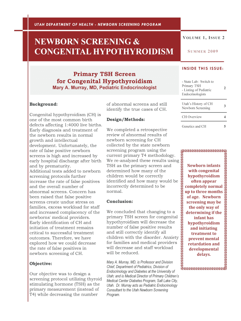 UTAH DEPARTMENT OF HEALTH - NEWBORN SCREENING PROGRAM Preview on Page 1