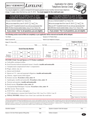 Vermont Lifeline Telephone Service Credit Application