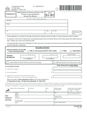 Vermont Corporate Income Tax Extension Form BA-403