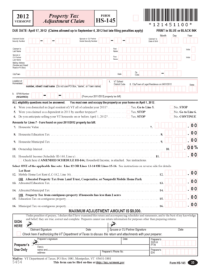 Vermont Property Tax Adjustment Claim Form HS-145