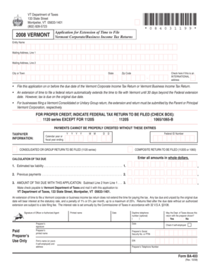 Vermont Application for Extension of Time to File