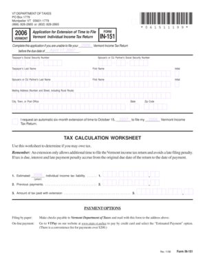 Vermont Individual Income Tax Return Extension Form
