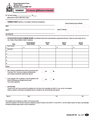 Vermont Affiliation Schedule