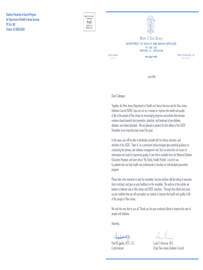 Diabetes Prevention and Control Program NJ Department of Health and Senior Services PO Box 364 Trent Preview on Page 1