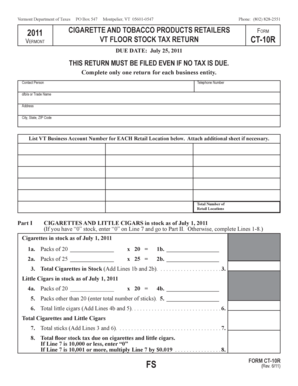 Vermont Cigarette and Tobacco Retailers Floor Stock Tax Return