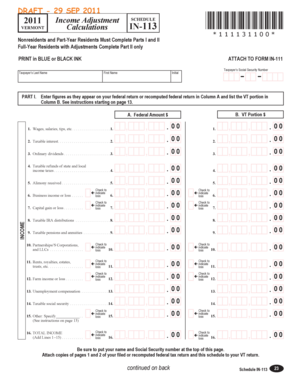 Vermont Income Adjustment Schedule IN-113