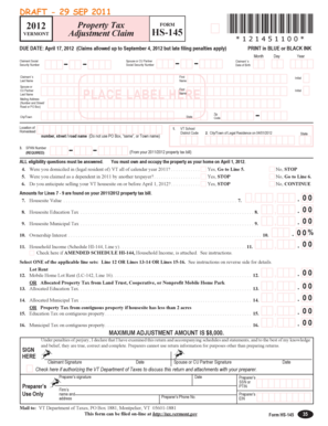 Vermont Property Tax Adjustment Claim Form HS-145