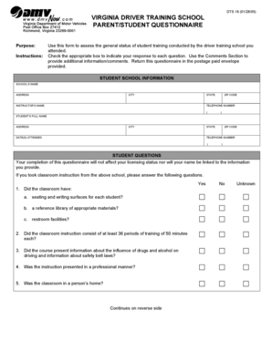 Virginia Driver Training School Questionnaire