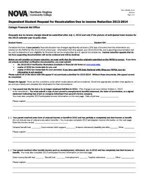 Dependent Student Request for Recalculation Due to Income Reduction 2013-2014