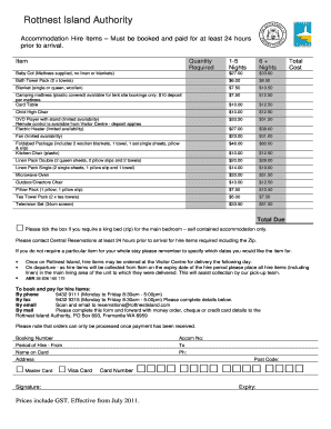 Rottnest Island Accommodation Hire Items Form