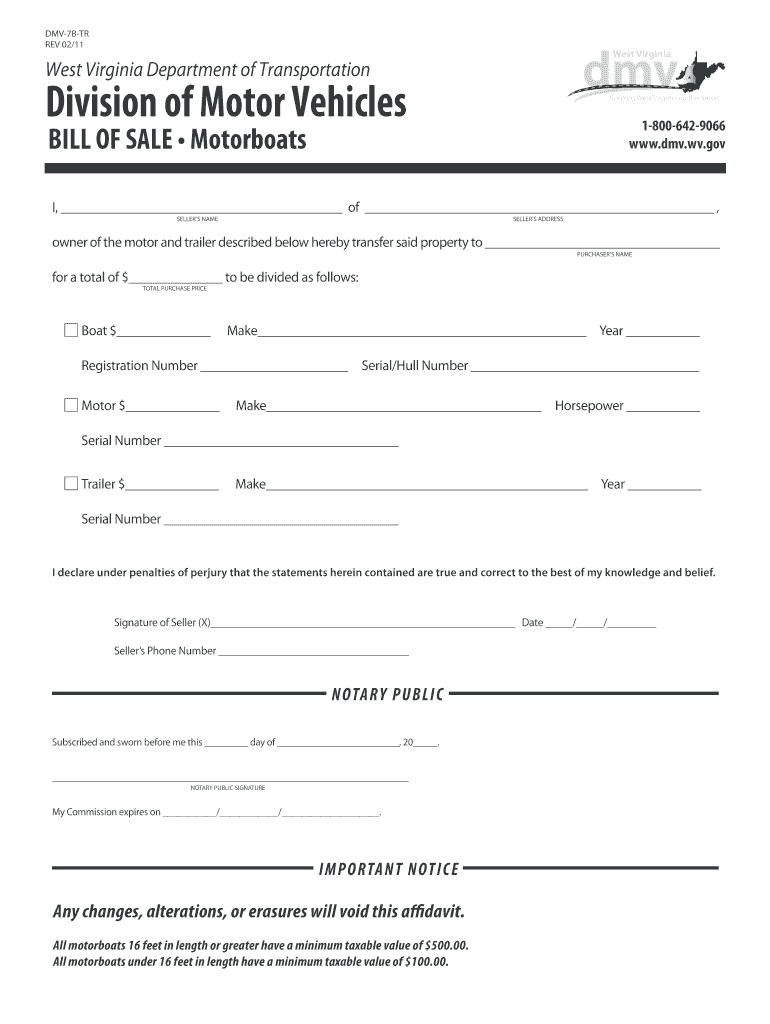 Fillable Online transportation wv Bill of Sale Motorboats (DMV7BTR