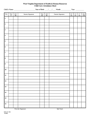 West Virginia Child Care Attendance Sheet