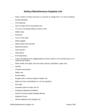 Safety Supplies List