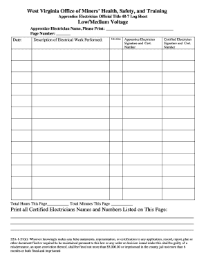 Apprentice Low Medium Log sheet - West Virginia Office of Miners - wvminesafety