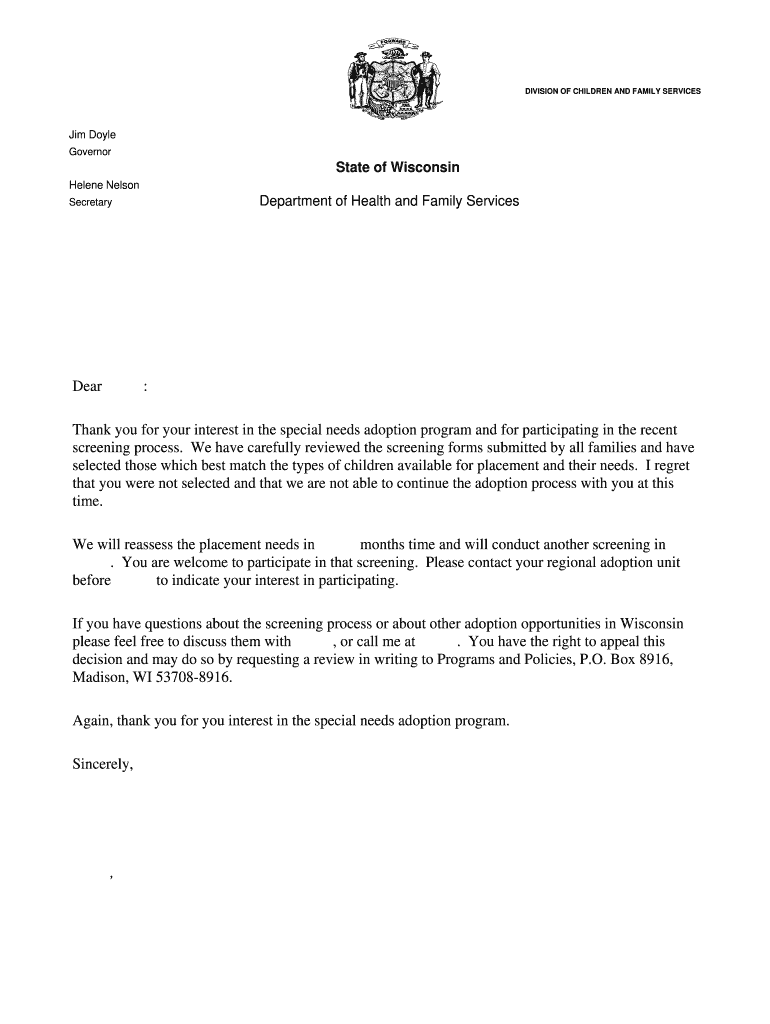 State Adoption Screening Denial Form - Wisconsin Department of - dcf wi Preview on Page 1
