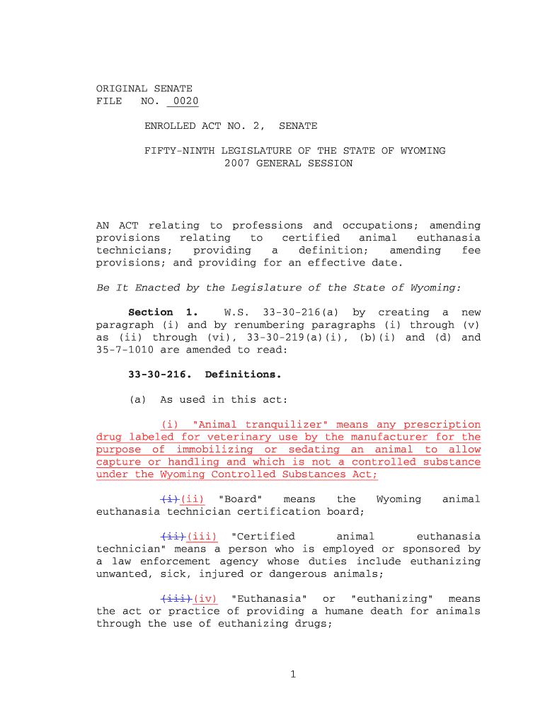 SF0020 - Animal euthanasia technicians - Wyoming State Legislature - legisweb state wy Preview on Page 1