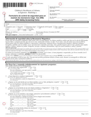 Formulario de control de seguridad para un examen de resonancia magnética (RM)