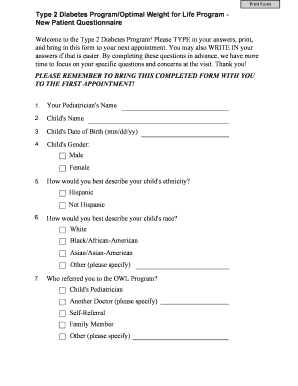 Type 2 Diabetes Program New Patient Questionnaire