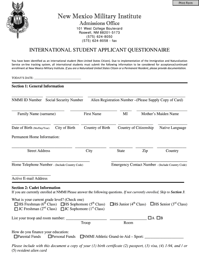 Fillable Online nmmi International Applicant Questionnaire New Mexico