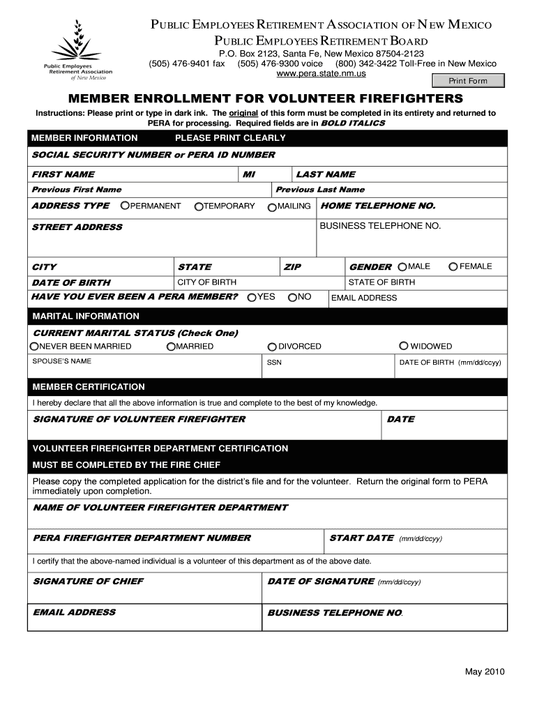Volunteer Firefighter Enrollment Form - Public Employees Preview on Page 1
