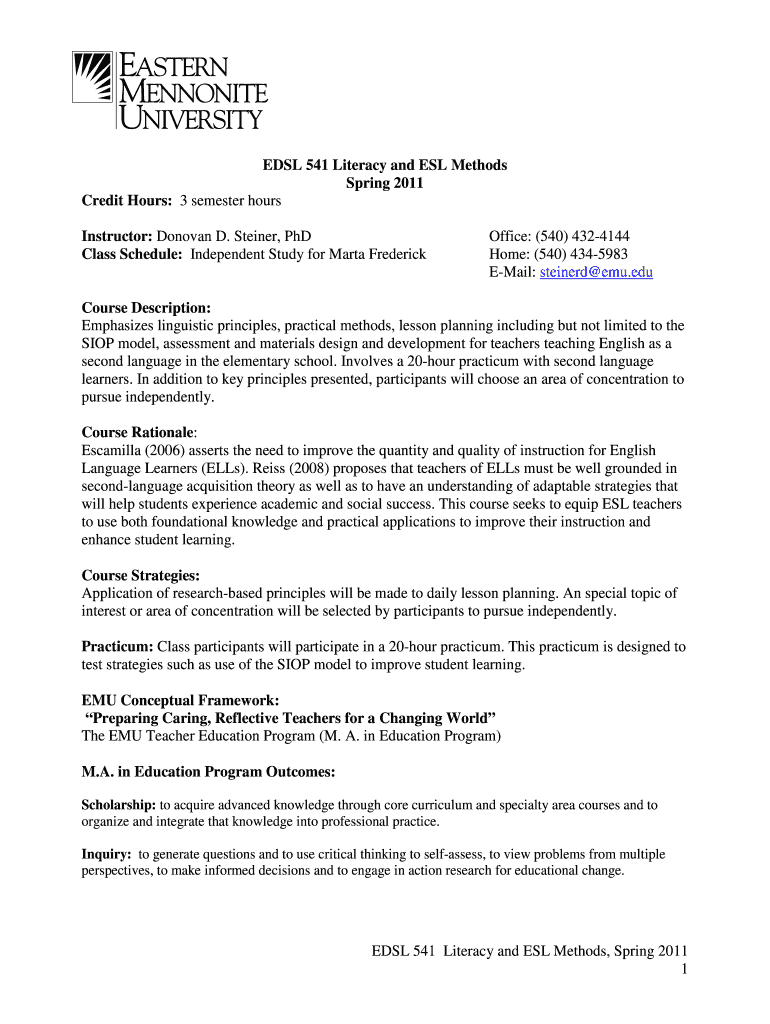 EDSL 541 Literacy and ESL Methods Spring 2011 Credit Hours 3 semester hours Instructor Donovan D - e Preview on Page 1