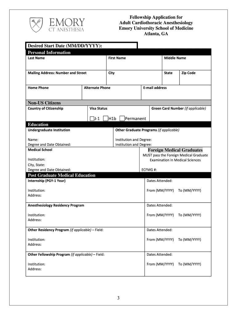 Fellowship Application for Adult Cardiothoracic Anesthesiology Preview on Page 1