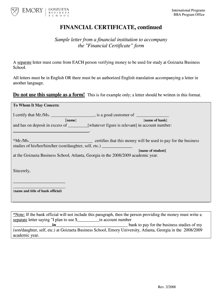 BBA Fin Cert Supporting Letter - Goizueta Business School - Emory - goizueta emory Preview on Page 1