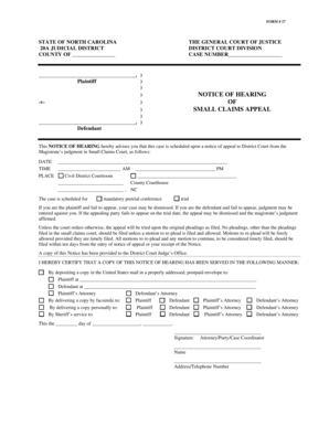 North Carolina Small Claims Appeal Notice of Hearing