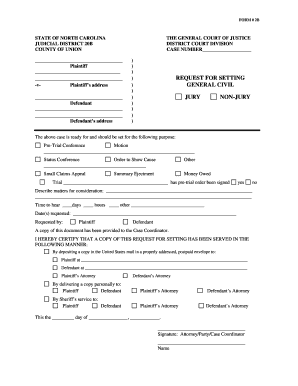 North Carolina Request for Setting Form 2B
