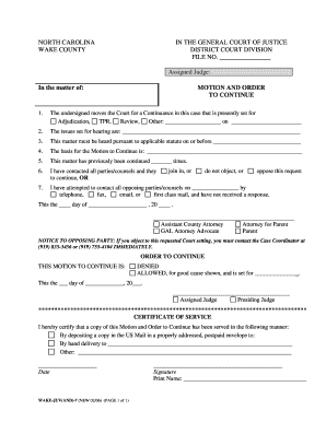 North Carolina Motion and Order to Continue