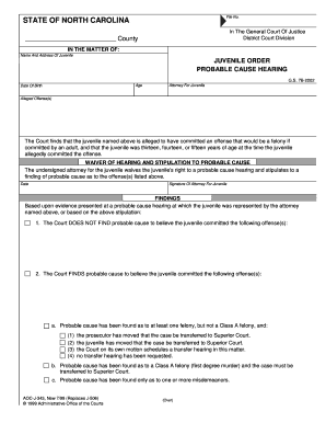 North Carolina Juvenile Probable Cause Hearing Order