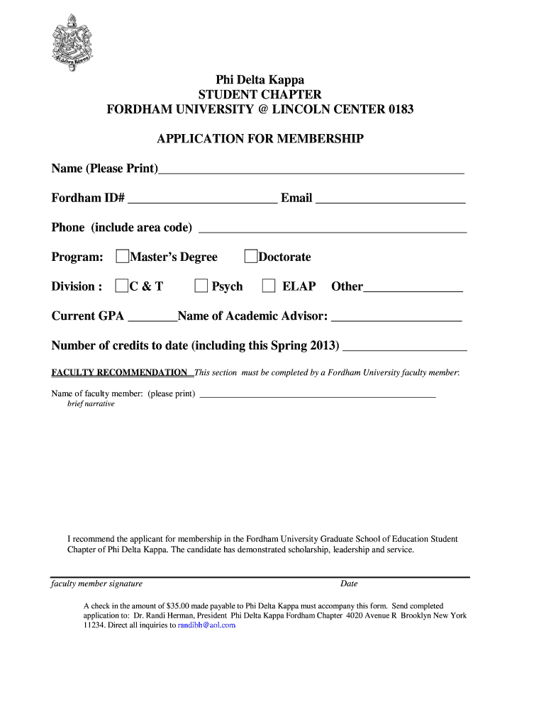 Fillable Online fordham PDK Fordham Membership Application Fordham
