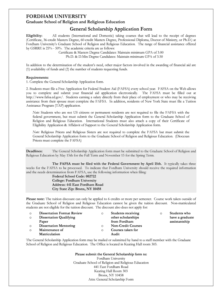 Fillable Online fordham FORDHAM UNIVERSITY General Scholarship