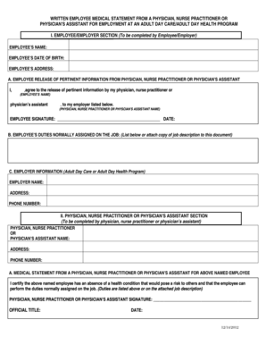 Employee Medical Statement for Adult Day Care