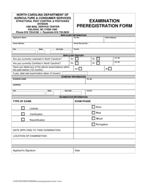 North Carolina Pest Control Exam Preregistration Form