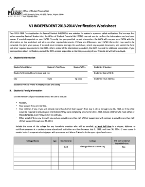 2013-2014 Independent Verification Worksheet