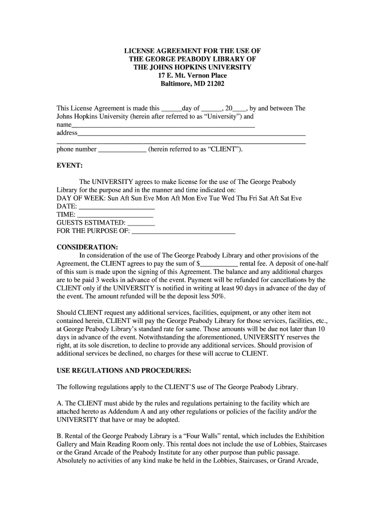 License agreement for the use of - Peabody Library - Johns Hopkins Preview on Page 1