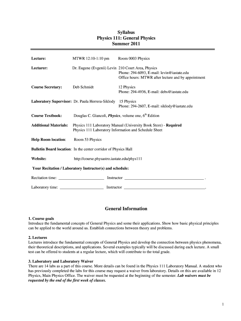 Syllabus Physics 111: General Physics Summer 2011 General Preview on Page 1