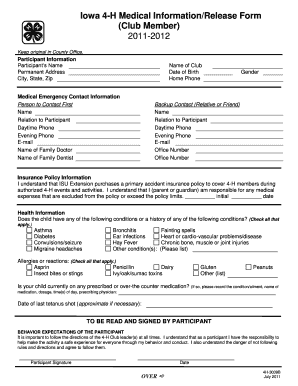 Iowa 4-H Medical Information/Release Form - Iowa State University ... - extension iastate