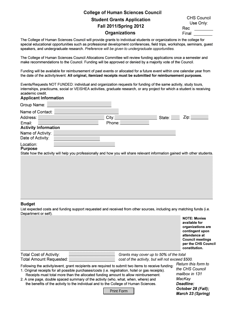 College of Human Sciences Council Student Grants Application Fall 2011Spring 2012 Organizations Preview on Page 1