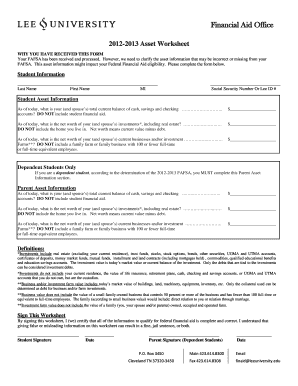 2012-2013 Asset Worksheet