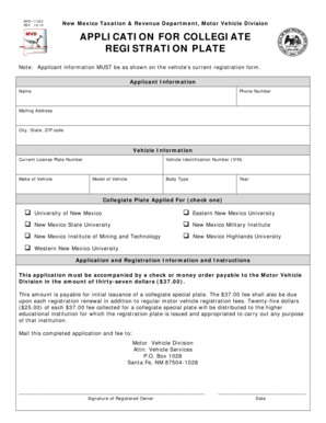 New Mexico Collegiate Registration Plate Application