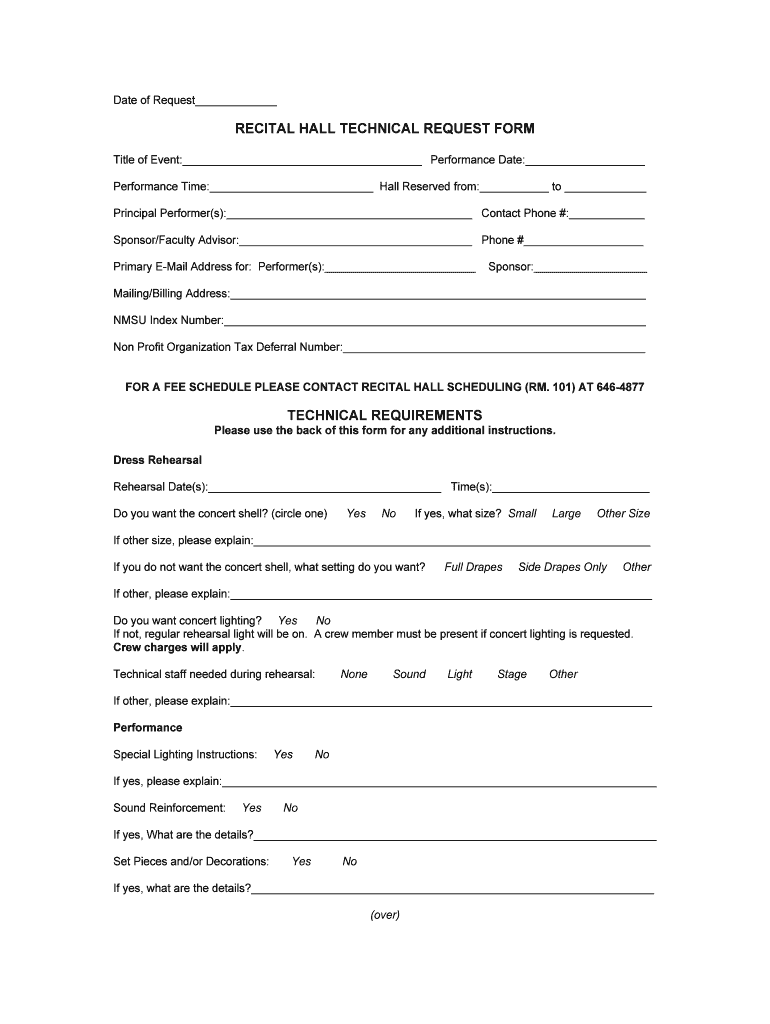 Fillable Online Technical Request Form Department of Music NMSU Fax