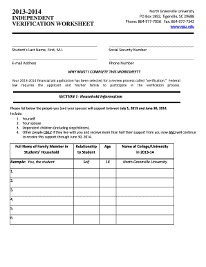 North Greenville University Verification Worksheet