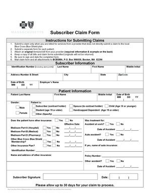 Blue Cross Blue Shield Subscriber Claim Form