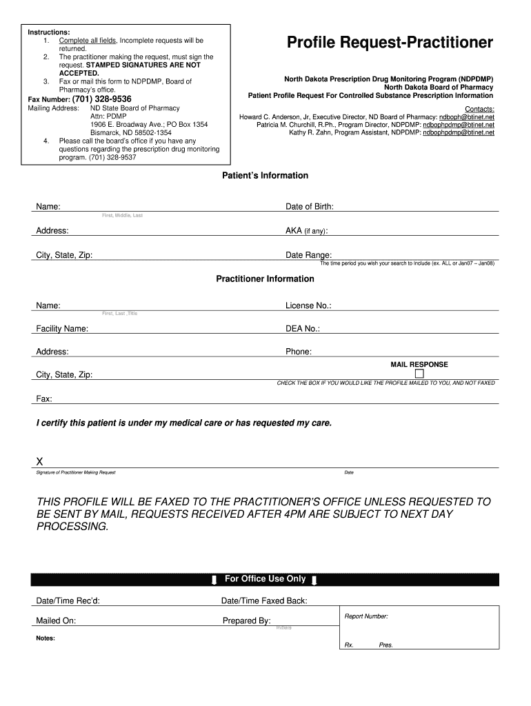 Profile Request-Practitioner - North Dakota Board of Pharmacy Preview on Page 1