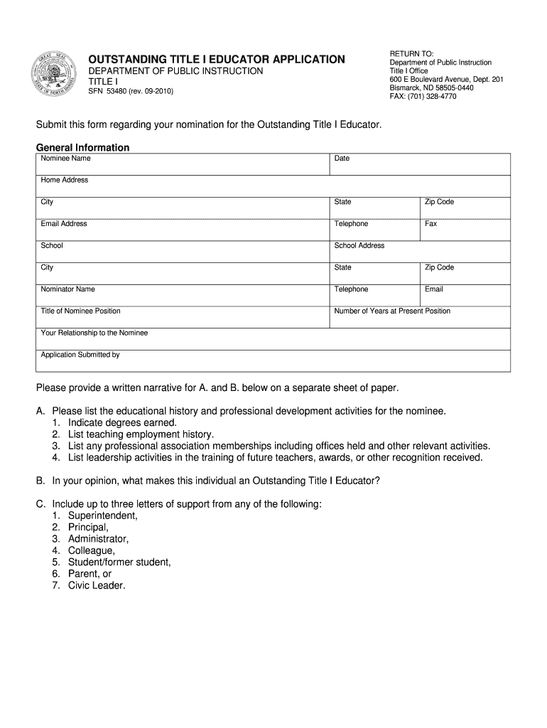 Fillable Online dpi state nd Outstanding Title I Educator Application