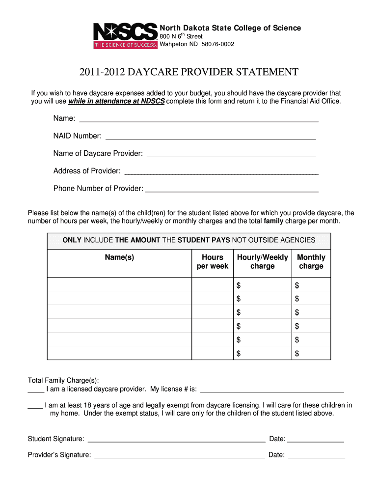 Fillable Online ndscs nodak 20112012 daycare provider statement